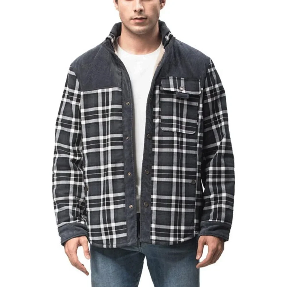 Men's Grey Long Sleeve Sherpa Lined Flannel Shirt Jacket Fleeces